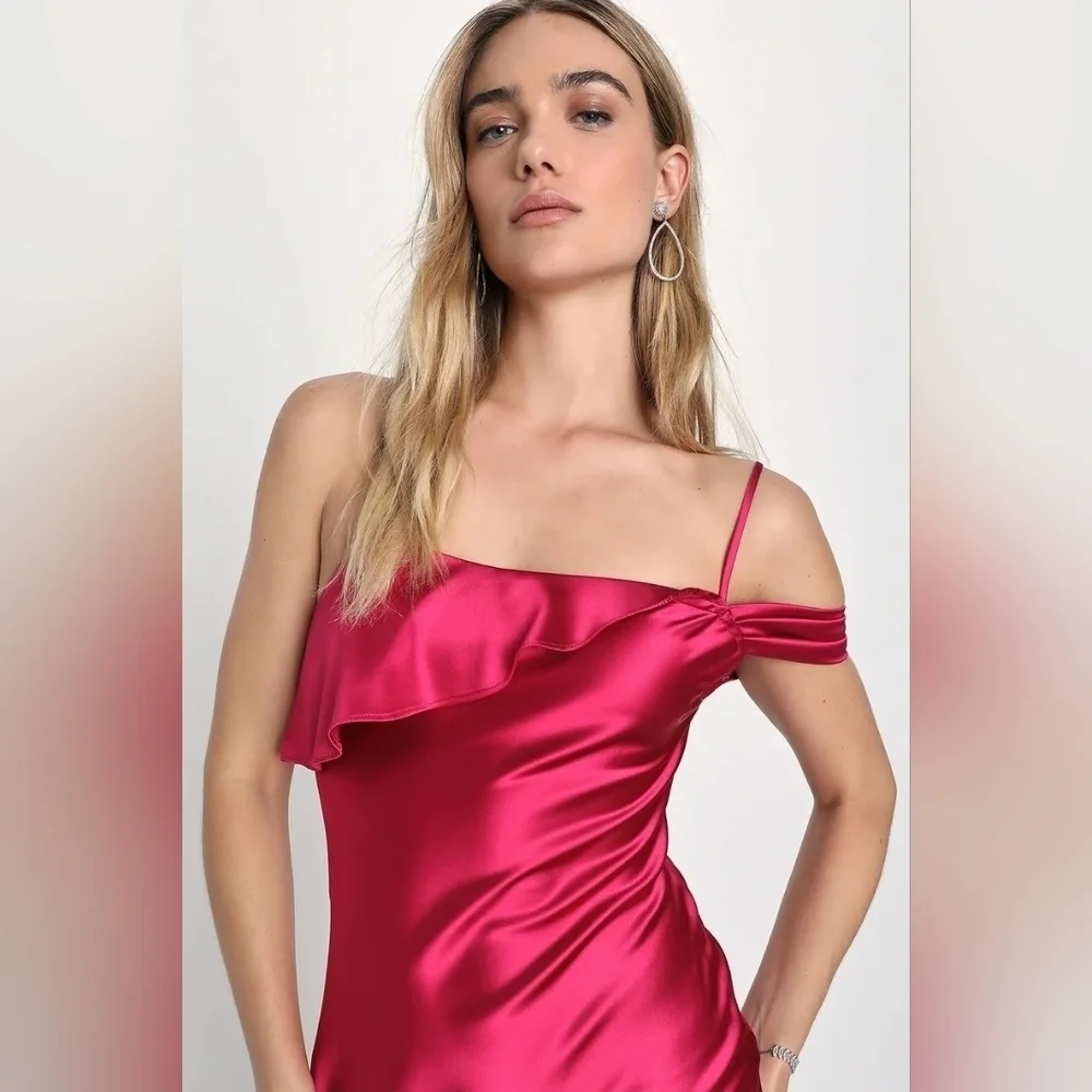 Lulus Enchanting Aesthetic Magenta Satin Asymmetrical Maxi Dress S Wedding Prom
